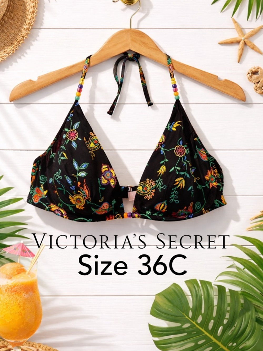 🌴🌺🔥 Victoria’s Secret Embroidered Paisley Swim Bikini Top 36C | Underwire Beaded